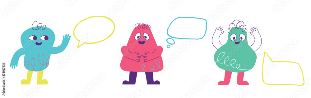 A set of vivid children's naive characters with doodle bubbles. Vector playful design elements. A set of vivid children's naive characters with doodle bubbles. Vector playful design elements.