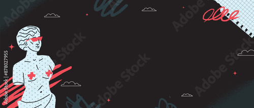A black and white eccentric banner with a figure of Venus with strokes of red paint. Vector design template.