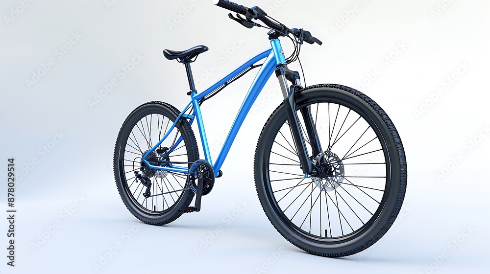 Fototapeta premium Detailed 3D rendering of a blue mountain bike on a white background, displayed in high-definition clarity.