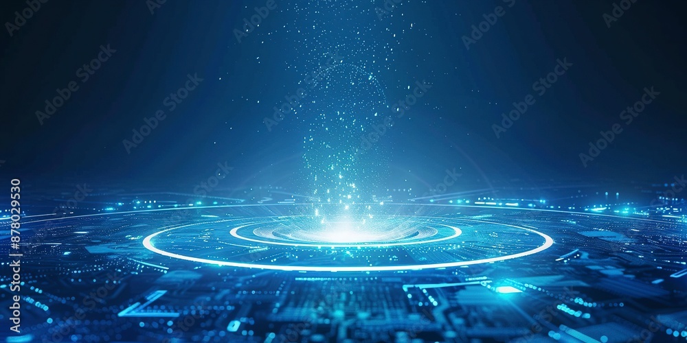 Fototapeta premium Abstract glowing circular light rays on blue background with digital elements, AI-inspired tech concept design, high resolution futuristic tech wallpaper with ground-based portal effect.