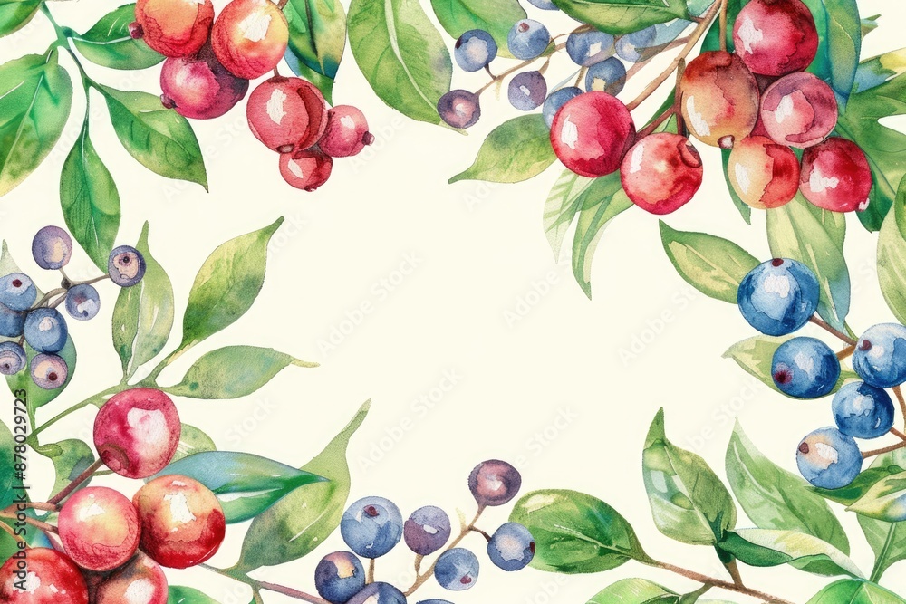 Artistic watercolor frame of mixed berries and green leaves with a clear center for adding copyspace Artistic watercolor frame of mixed berries and green leaves with a clear center for adding copyspace