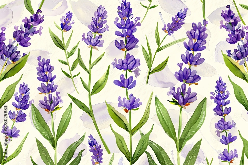 Seamless lavender floral pattern on a white background. Purple lavender flowers with green leaves create a natural, botanical watercolor design. Seamless lavender floral pattern on a white background. Purple lavender flowers with green leaves create a natural, botanical watercolor design.