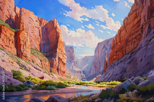 Stunning canyon landscape with towering red rock cliffs, lush greenery, and a peaceful river under a bright blue sky with scattered clouds.