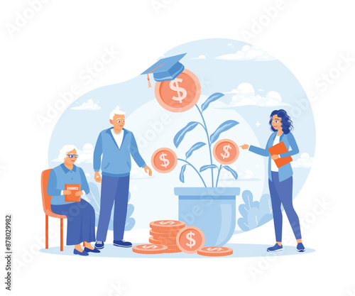 Elderly couple invests retirement money. Planning finances for the future. Financial literacy concept. Flat vector illustration.