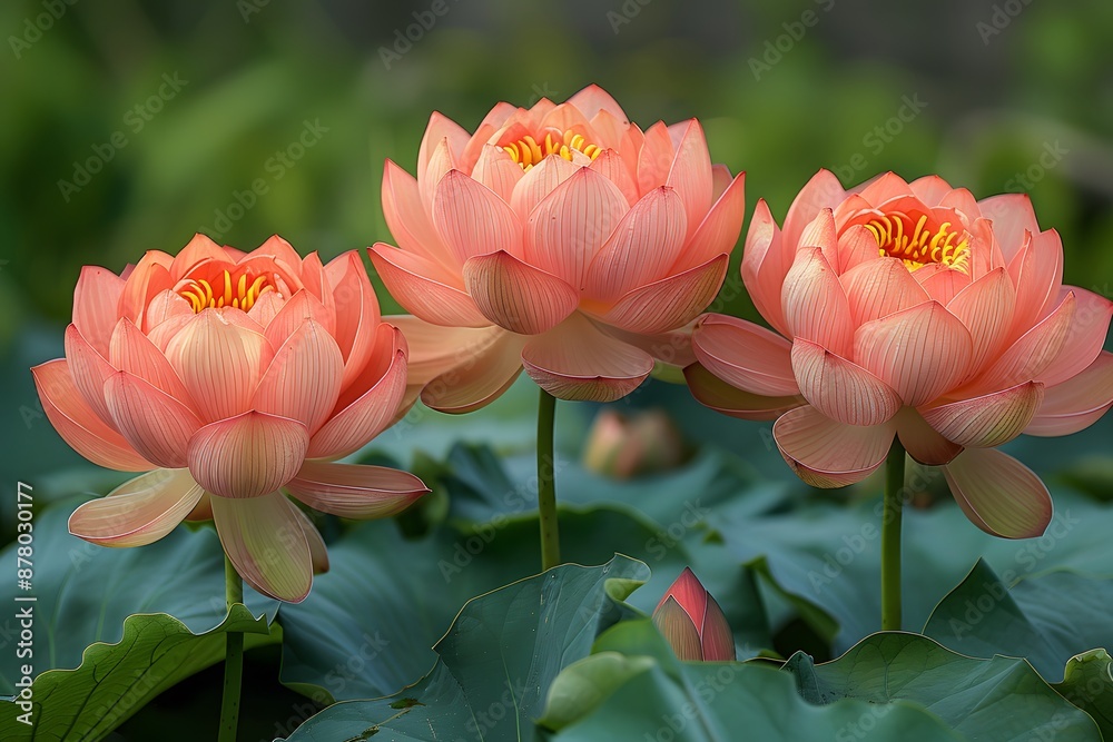 Elegant Trio of Vibrant Pink Lotus Flowers Blooming in Natural Green Foliage Elegant Trio of Vibrant Pink Lotus Flowers Blooming in Natural Green Foliage