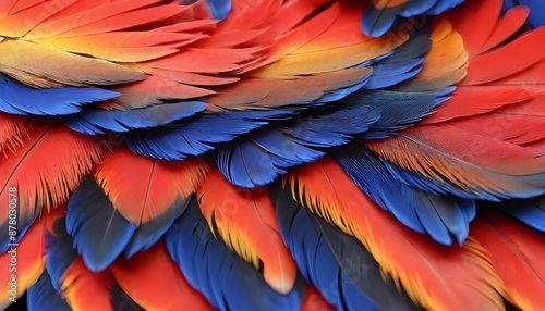 red blue and yellow macaw parrot bird feathers close up