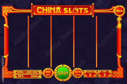 Casino slot machine game UI design, gambling mobile app concept for the Chinese themed Casino Game. The game user interface with basic buttons.