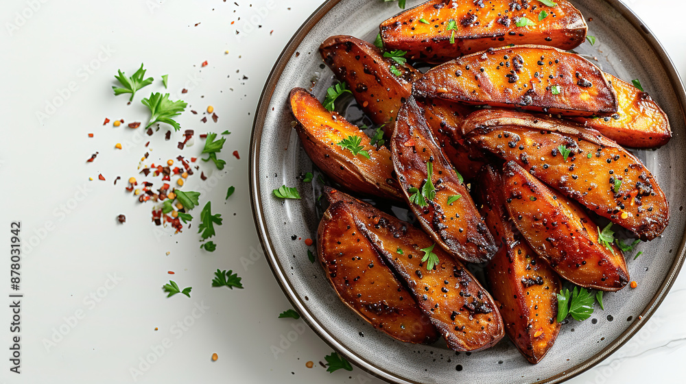 Potato Wedges in a plate from top view, on white isolated background Potato Wedges in a plate from top view, on white isolated background