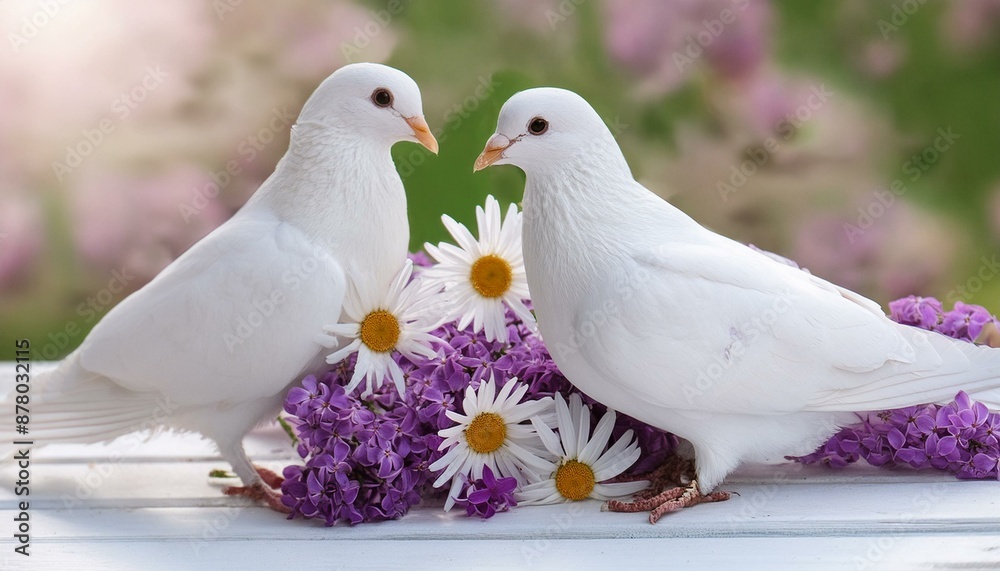 Fototapeta premium Rustic Elegance: Pigeons and Lilac Daisies on Vintage White Wood