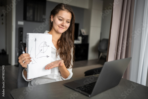 Female teacher having video conference chat with student or class group, using laptop. Woman talking to webcam, explaining. Online Education concept