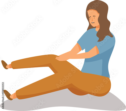 Woman is sitting on the floor, holding her knee in pain
