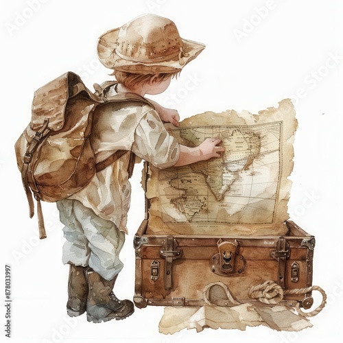 Young explorer with map and compass on a vintage trunk, ready for an adventure. Perfect for themes of travel, exploration, and discovery.
