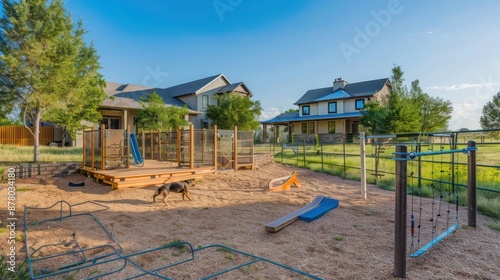 Wallpaper Mural ranch house with a custom pet playground in the backyard, including agility equipment and safe enclosures Torontodigital.ca