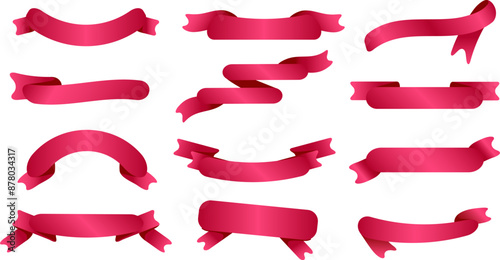 Pink ribbon set isolate on white back ground. Shiny simple shape of ribbons design for labels, frames, text box, decoration. Sweet vivid bright color. Illustration and editable element graphic vector.