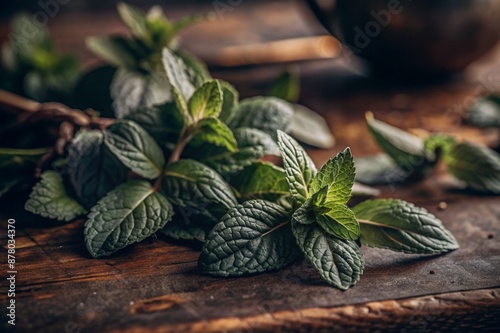 Close-up of green mint leaves. Leaves with noticeable veins and texture. Mint, lemon balm for brewing tea. Herbal tea for the nervous system.