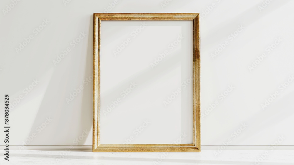 Vertical Mockup frmae Empty frame Gold frame minimalist interior on white wall copy space text frame background. Vertical Mockup frmae Empty frame Gold frame minimalist interior on white wall copy space text frame background.
