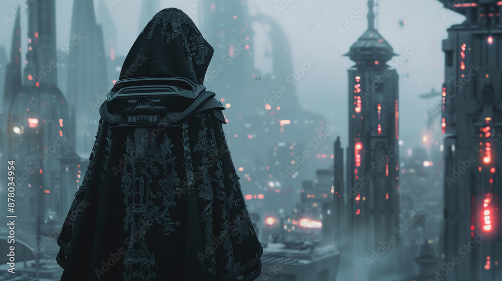 A cloaked figure stands overlooking a futuristic cityscape with towering buildings and neon lights A cloaked figure stands overlooking a futuristic cityscape with towering buildings and neon lights