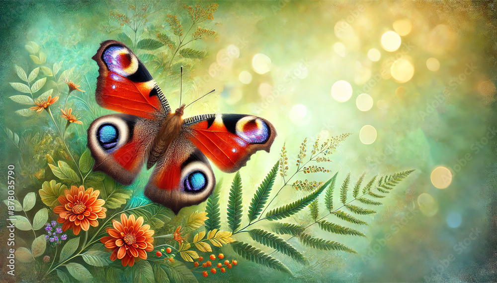 Fototapeta premium A vibrant Peacock butterfly with detailed patterns and realistic texture