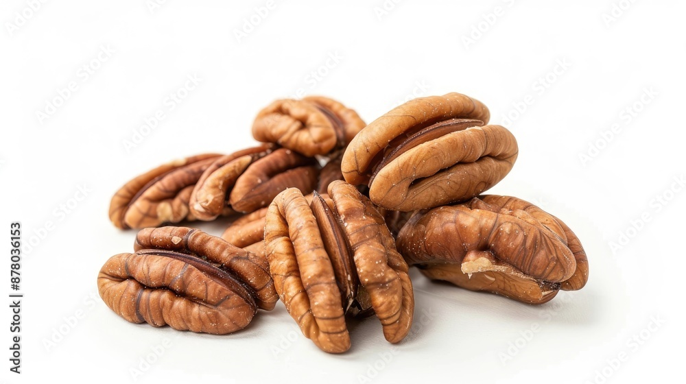 Pecan nuts with shells on white background emphasizing nutritious properties and health benefits Pecan nuts with shells on white background emphasizing nutritious properties and health benefits