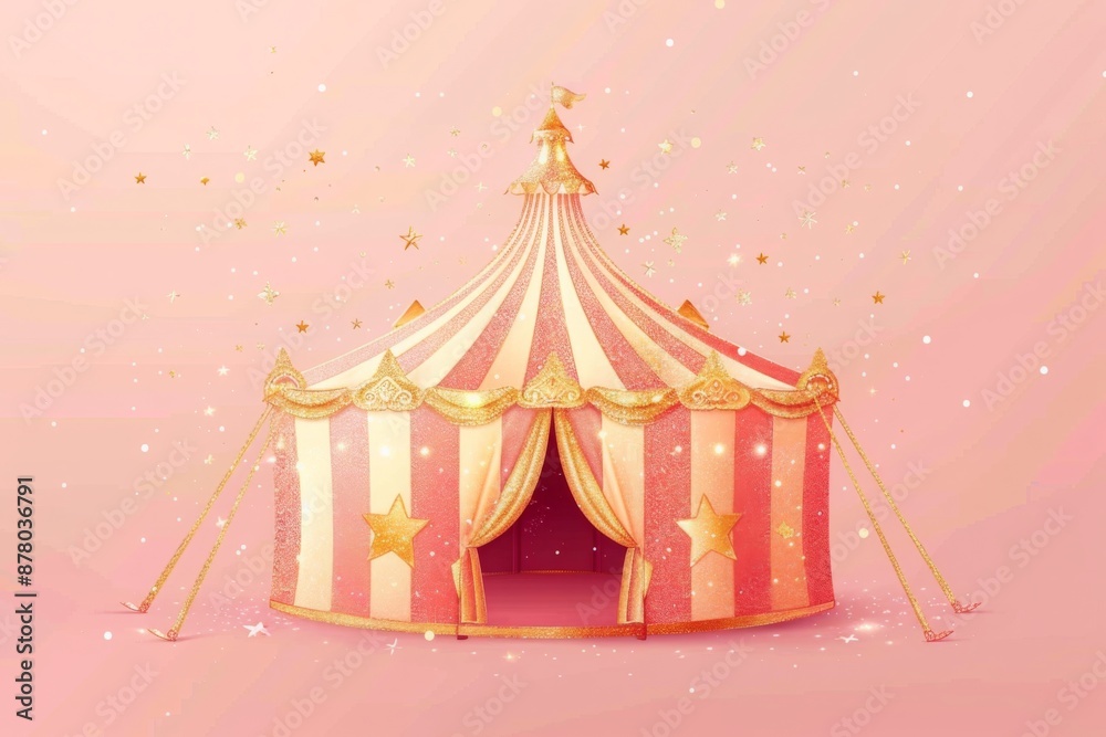 Circus tent with ornate gold and red striped pattern, with sparkling stars and whimsical swirls, vintage Circus tent.
Circus tent with ornate gold and red striped pattern, with sparkling stars and whimsical swirls, vintage Circus tent.