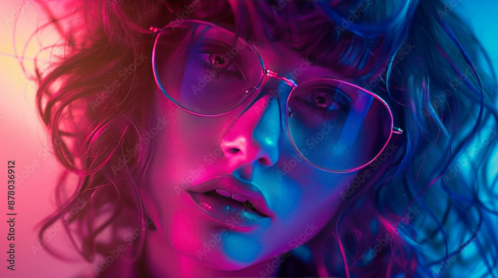 Neon-lit Portrait of Fashion Model with Glitter Makeup Neon-lit Portrait of Fashion Model with Glitter Makeup