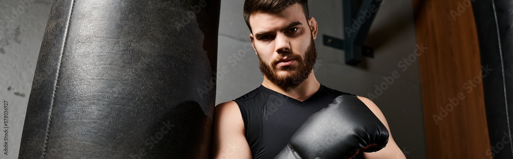 A handsome bearded man wearing boxing gloves stands next to a punching bag in a gym, ready for a workout session.