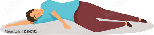 Young man is lying on the floor feeling unwell, suffering from dizziness and nausea