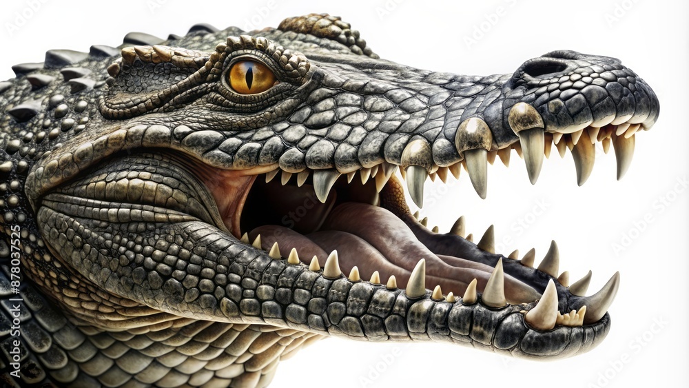 Fototapeta premium Isolated black icon of a fierce crocodile alligator with sharp teeth and scaly skin on a pure white background.