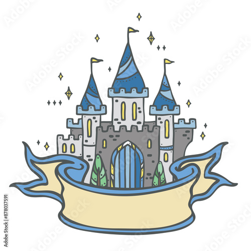 Series of banner scroll paper ribbon flag background poster template in cute medieval fairy tale kingdom illustration drawing