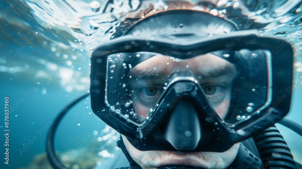 Diver wearing a high-tech diving mask, equipped with underwater gear, swimming through the vibrant ocean, exploring marine life and adventure Diver wearing a high-tech diving mask, equipped with underwater gear, swimming through the vibrant ocean, exploring marine life and adventure