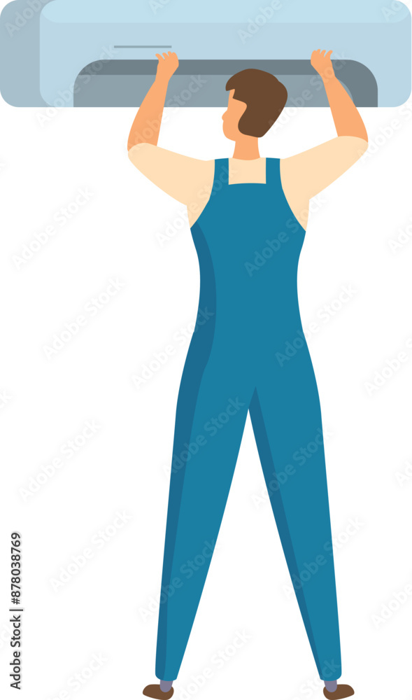 Repairman is installing an air conditioner, carefully lifting the unit into place Repairman is installing an air conditioner, carefully lifting the unit into place