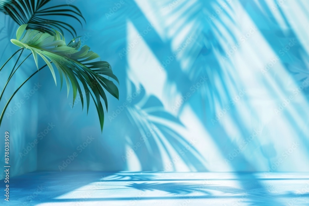 Blue Studio. Abstract Gradient Blue Studio Background with Shadows of Window, Flowers, Palm Leaves for Product Presentation Blue Studio. Abstract Gradient Blue Studio Background with Shadows of Window, Flowers, Palm Leaves for Product Presentation