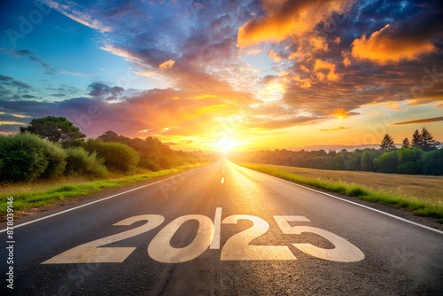 New year 2025 or straight forward concept. Text 2025 written on the road in the middle of asphalt road with at sunset. Concept of planning, goal, challenge, new year resolution.