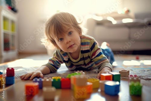 Wallpaper Mural Boy Playing with Building Blocks. Little Kid Engaged in Fun Activity Torontodigital.ca