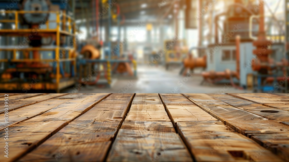 empty wooden table with oil refinery on blurred background empty wooden table with oil refinery on blurred background