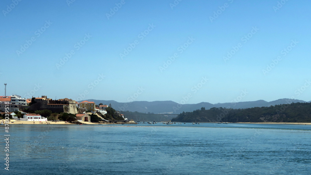 Fototapeta premium Vila Nova de Milfontes, Portugal. Praia da Franquia or Vila Nova de Milfontes Beach is located on the urban seafront of Vila Nova de Milfontes.It belongs to the mouth of the Mira River
