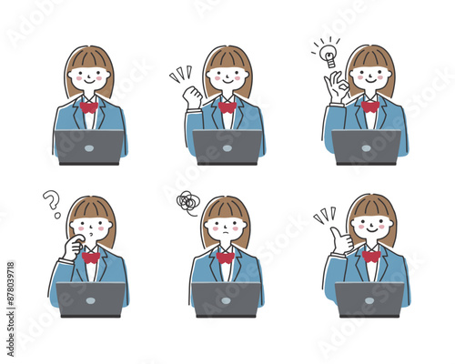 パソコンで調べものをする女子学生　表情のセット