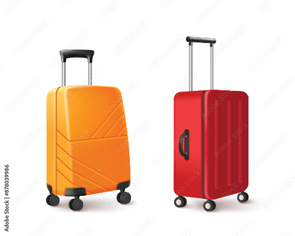 Red and orange suitcase with for summer vacation or business trip concept. Realistic 3d vector illustration set of tourist luggage bag on wheels with handle for sea beach holiday resort. Red and orange suitcase with for summer vacation or business trip concept. Realistic 3d vector illustration set of tourist luggage bag on wheels with handle for sea beach holiday resort.