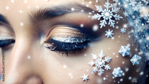 Closeup of womans eye with snowflakes on her face photo