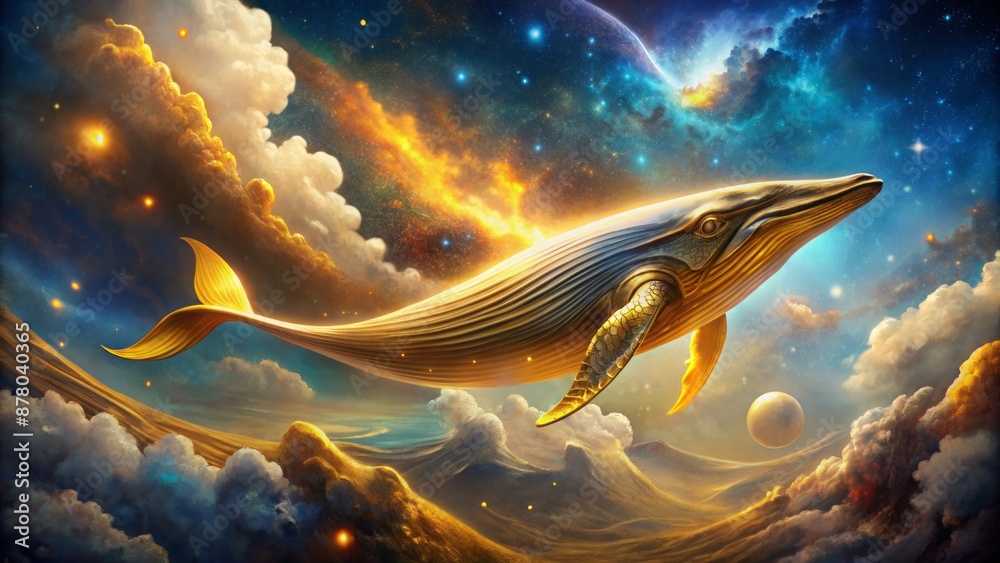 Majestic golden whale swims freely in the vastness of star-studded space, surrounded by swirling nebulae and radiant celestial lights. Majestic golden whale swims freely in the vastness of star-studded space, surrounded by swirling nebulae and radiant celestial lights.