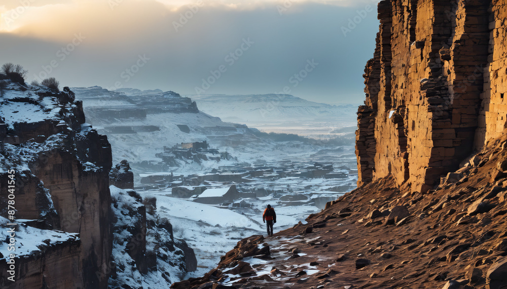 Ancient Ruins Lost in Cloudy Winter: The Trailblazer's Journey Enveloped in Landslide