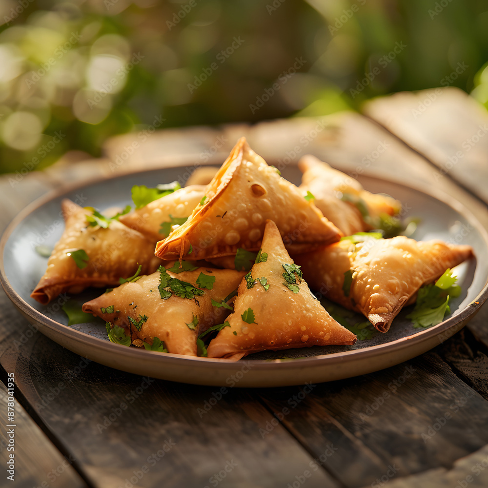 Homemade Samosas Garnished with Fresh Herbs Homemade Samosas Garnished with Fresh Herbs