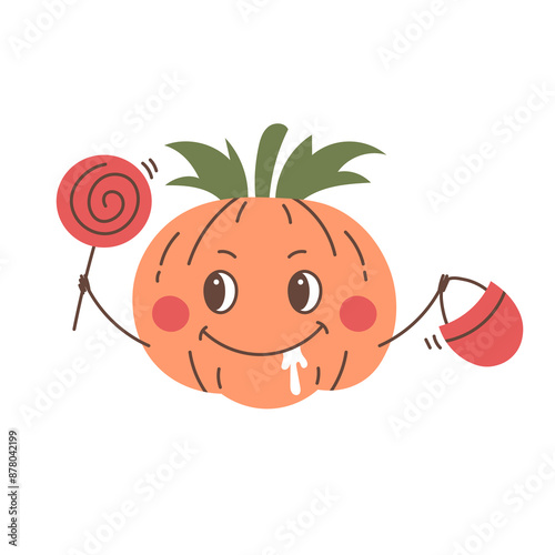 Funny Pumpkin Character with sweets. Trick or treat vector illustration. Cute cartoon pumpkin character holding lollipop and bucket. Flat design for Holiday and celebration