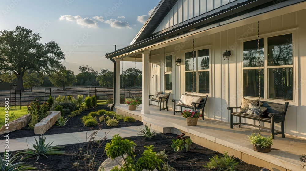 ranch house with a front porch that features swing benches from which to enjoy the landscaped front yard ranch house with a front porch that features swing benches from which to enjoy the landscaped front yard