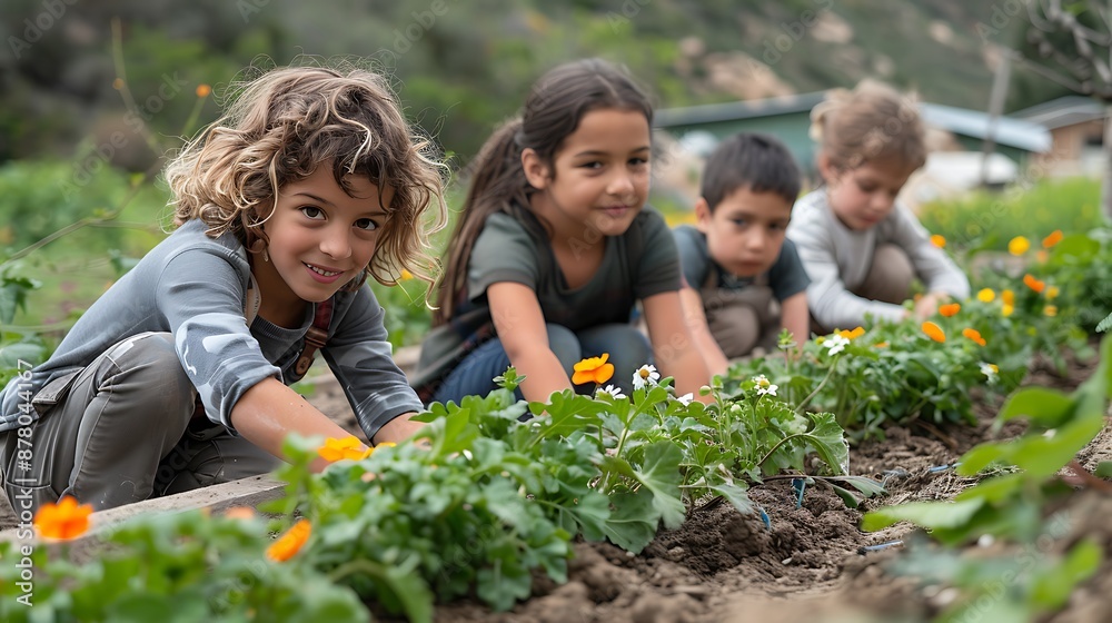 Kids at a community garden, tending to their plants and flowers with enthusiasm. Planting, and enjoying their labor as their garden flourishes Kids at a community garden, tending to their plants and flowers with enthusiasm. Planting, and enjoying their labor as their garden flourishes