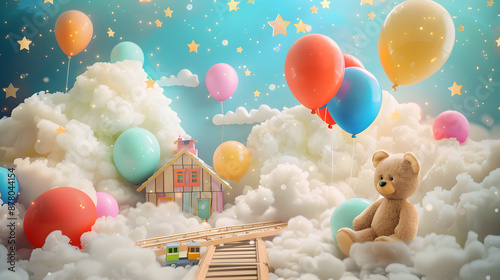 astel color balloons amidst fluffy clouds, twinkling stars, kids toys, teddy bear, wooden house, wooden train station, cute tent, and doll, with copyspace and lighting small bulb bokeh blur background photo