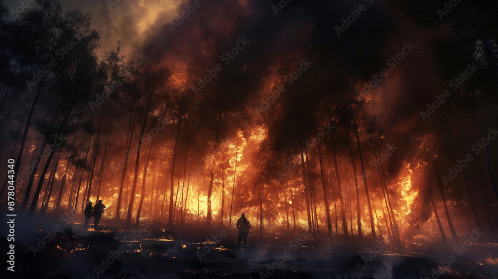 Firefighters Battling Intense Forest Fire at Night Firefighters Battling Intense Forest Fire at Night
