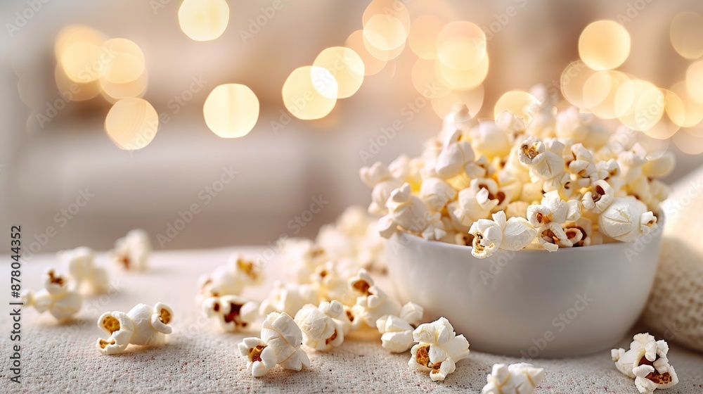 Bowl of fresh popcorn on a cozy sofa with warm, bokeh lights in the background. Perfect for movie night or snack time ambiance. Bowl of fresh popcorn on a cozy sofa with warm, bokeh lights in the background. Perfect for movie night or snack time ambiance.