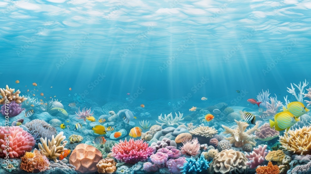 Obraz premium Underwater scene in the deep blue sea, a vibrant array of marine life and corals, illustrating the rich biodiversity of ocean habitats