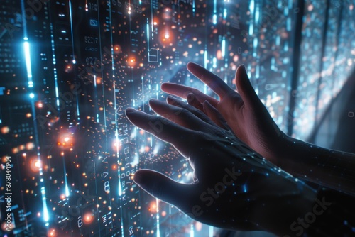 Hands reaching out to touch a digital hologram, blending reality and technology. © Alex
